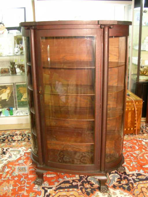 362: ANTIQUE OAK CURVED GLASS CHINA CABINET CLAW FOOT - 362: ANTIQUE OAK CURVED GLASS CHINA CABINET CLAW FOOT