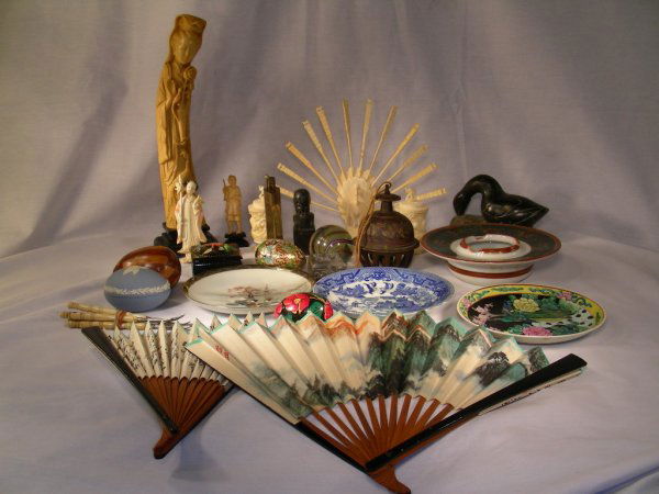 CARVED IVORY BOXES OLD FANS LG MARBLE SOAPSTONE ET: Lot 783: CARVED IVORY BOXES OLD FANS LG MARBLE SOAPSTONE ETC - Two nice carved ivory round boxes, two carved ivory figures, a Wedgwood egg, antique marble, brass bell, soap stone figure black swan, Ru