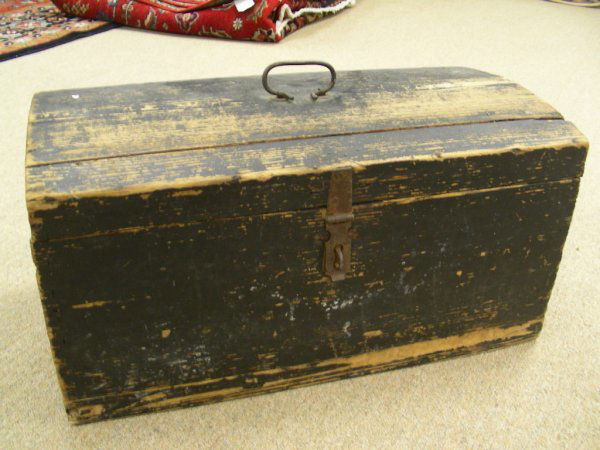 LARGE ANTIQUE TOOL BOX OLD BLACK PAINT: Measures 26" long by 13" wide and 13" tall. Old black paint with obvious wear. Original leather tool holders on left and right sides of interior. Orignal hardware.