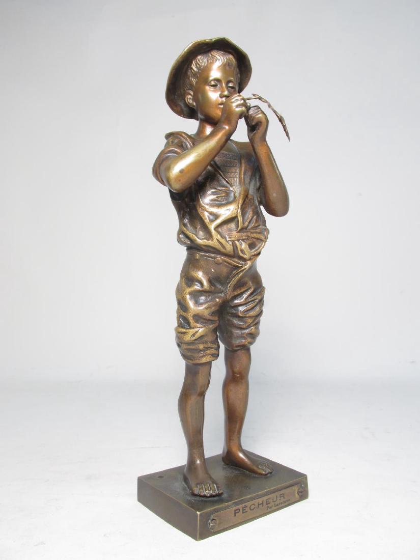 ANTIQUE ADOLPHE JEAN LAVERGNE BRONZE SCULPTURE: Antique Adolphe Jean Lavergne French bronze sculpture titled "Pecheur" (fisherman). Titled and attributed on plaque at the front. Measures 11.5" tall. Condition: missing item front rear left corner- h