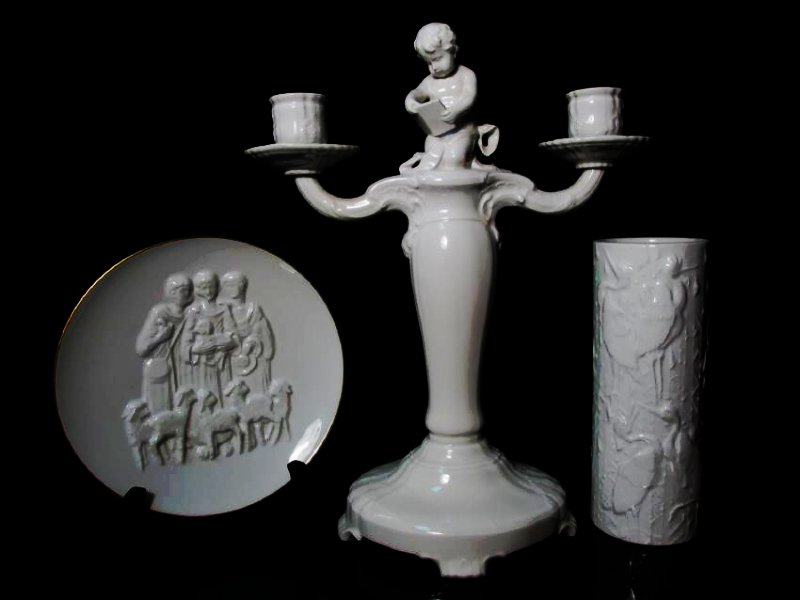 KPM PORCELAIN VASE, CANDLESTICK, PLATE (1 of 10)