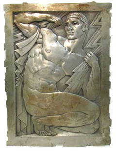 ANTIQUE ART DECO FIGURAL CAST BRONZE PLAQUE: An antique solid cast bronze plaque with platinum finish depicting what appears to be Zeus with a lightning bolt. Measures 17.25" tall x 12.75" wide. Marked on verso with various numbers and letters.