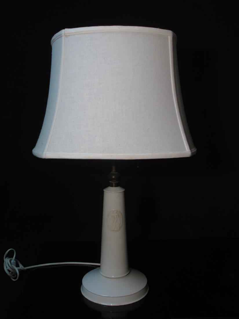 MID-CENTURY PORCELAIN LAMP BY KPM: A KPM white porcelain lamp circa 1950-1970. Measures 26" to top of finial and 7" wide at base. Condition is good