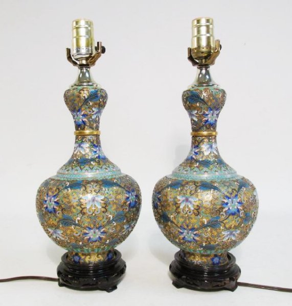 PAIR CHINESE CLOISONNE VASES MOUNTED AS TABLE LAMP (1 of 9)