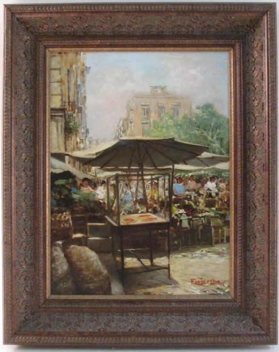 MARIO FERDELBA OIL ON CANVAS PAINTING: Mario Ferdelba oil on canvas painting depicting a street marketplace. Signed lower right. Framed measuring a total of 20.5" tall x 16.5" wide. Weight: 5.1 lbs.