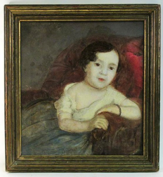 19TH CENTURY FOLK ART PAINTING OF A CHILD: 19th century folk art painting of a child. Framed in an early gold tone frame measuring 23.75" tall x 22" wide. Unsigned. Condition: a few small repairs to canvas, minor in-painting, signs of wear and