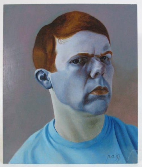 PHILIP AKKERMAN OIL ON MASONITE PAINTING UNTITLED: Philip Akkerman oil on masonite painting, Untitled (97-48). Signed lower right "Pa97". Info sheet from Baumgartner Galleries affixed verso, as well as the original artist's info and address, again dat