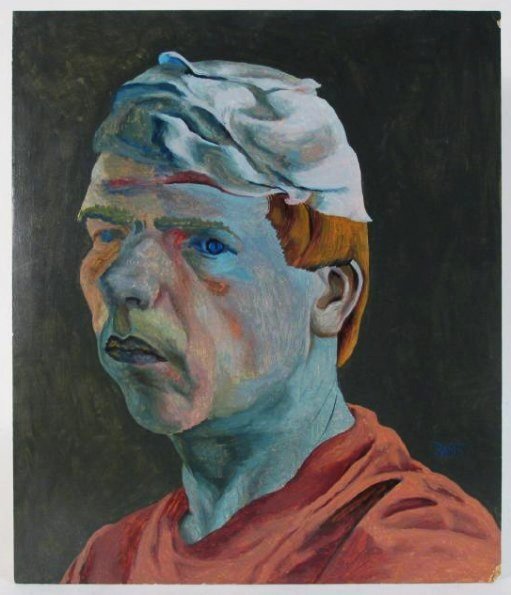 PHILIP AKKERMAN OIL ON MASONITE PAINTING SELF PORT: Philip Akkerman oil on masonite painting, self portrait. Signed lower right "Pa95". Info sheet from Baumgartner Galleries affixed verso, as well as the original artist's info and address, again dated