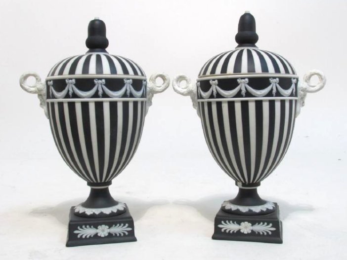 PAIR WEDGWOOD BLACK & WHITE JASPERWARE URNS (1 of 8)