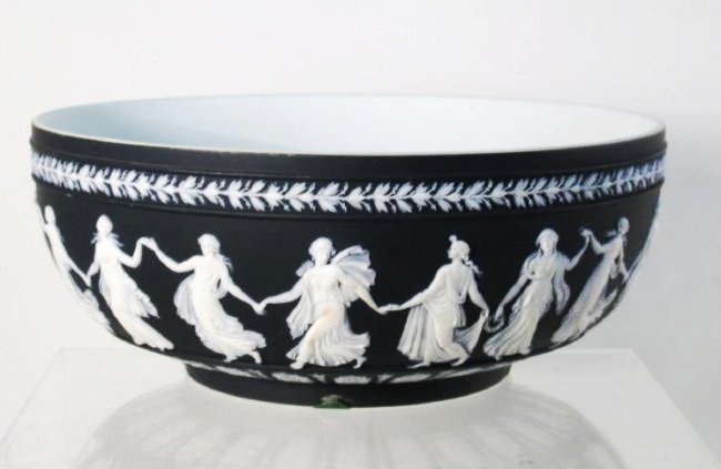 WEDGWOOD BLACK & WHITE JASPERWARE BOWL DANCING HOU: Wedgwood black and white jasperware bowl "Dancing Hours". Measures 10.3" in diameter x 4.25" tall. Marked on base "Wedgwood made in England" with various other marks. Condition: good, no chips or crac
