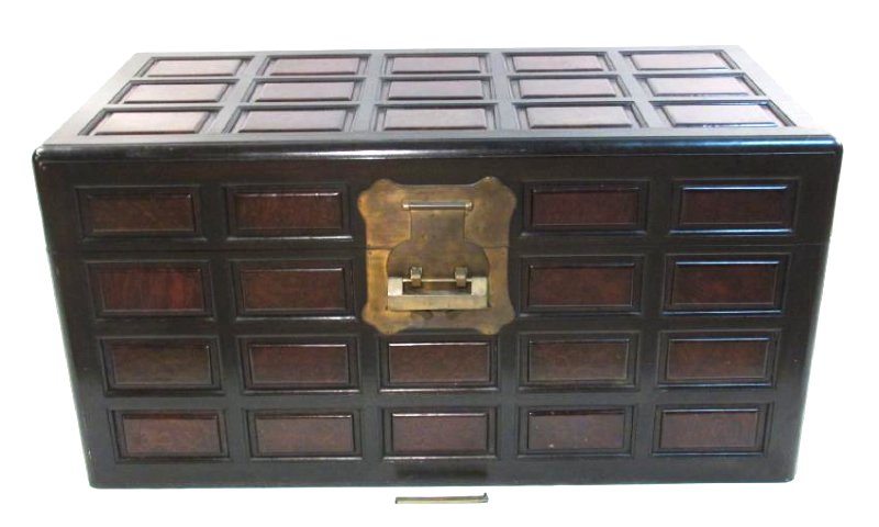 LARGE CHINESE STYLE BURLED WOOD & BRASS CHEST (1 of 8)
