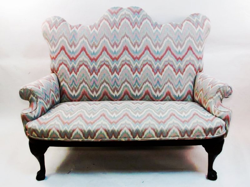 ANTIQUE CAMELBACK FABRIC UPHOLSTERED SETTEE (1 of 4)