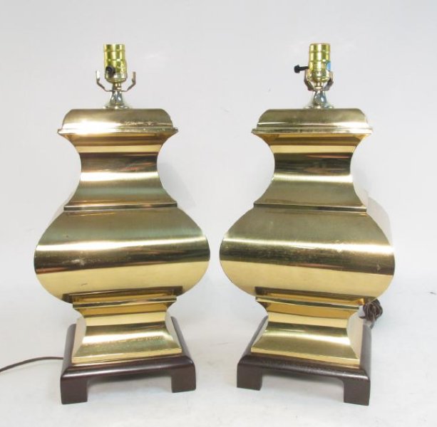 PAIR VINTAGE BRASS FINISH BALUSTER FORM TABLE LAMP: Pair of vintage brass finish baluster form table lamps. Each measures 21" to socket. No harps, finials or shades included. Condition: working but we recommend re-wiring, minor signs of normal use, see