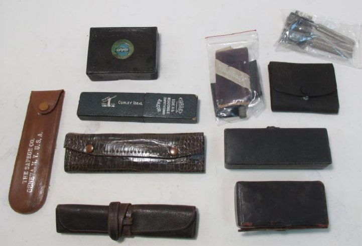 VINTAGE STRAIGHT & TRANSITIONAL SHAVING RAZORS: Lot of vintage straight and transitional shaving razors. Includes Young, Safety Co, Curley, Twin Blade Safety Razor Co, OVB, Bengor, and more. Condition: signs of wear and age to most, some more so th
