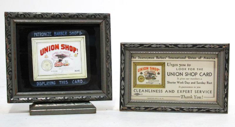 TWO RARE BARBERSHOP UNION CARDS- ONE ON GLASS (1 of 6)