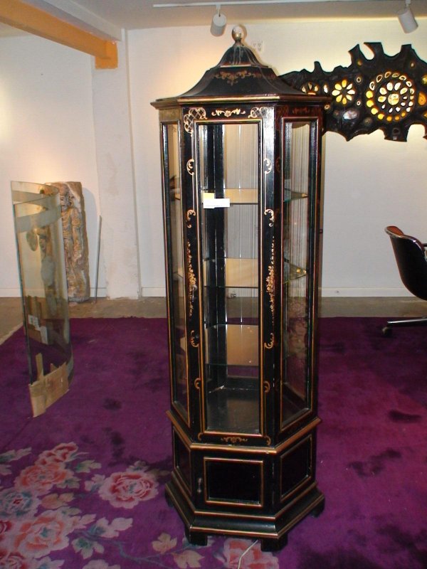 84 Hexagonal Chinoiserie Black Lacquer Curio Cabinet Jan 14