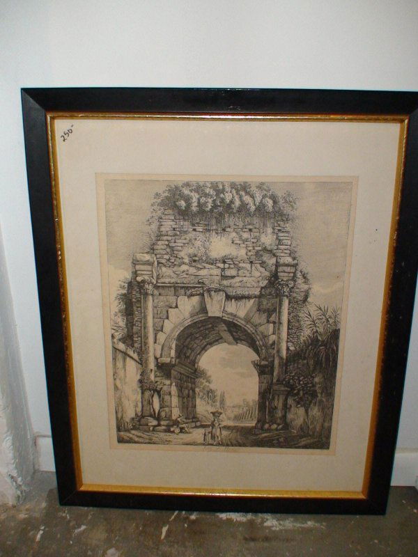 ITALIAN ANTIQUE ENGRAVING ARCO DI DRUSO ROMA: Marked on lower left Rossini Dis E. Inc and under title Su Del Quale Passava Il Condotto Antoniano. Measures 25 3/4" wide by 23" tall. Good condition.