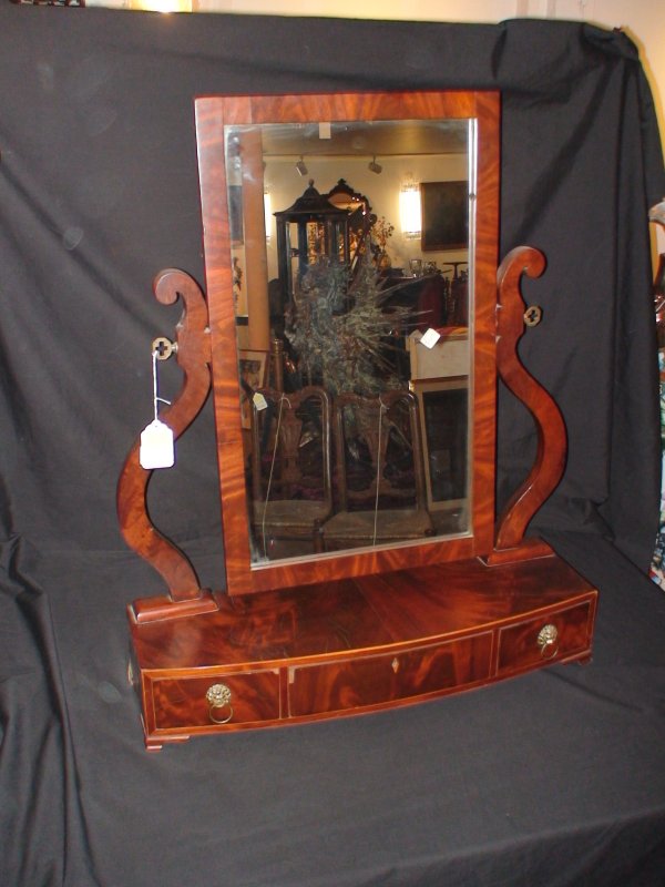 ANTIQUE LARGE FEDERAL STYLE SHAVING MIRROR: Measures 29 1/2" wide by 35 1/2" tall and 9 1/2" deep. Flame mahogany veneer with banded edge and scroll supports.