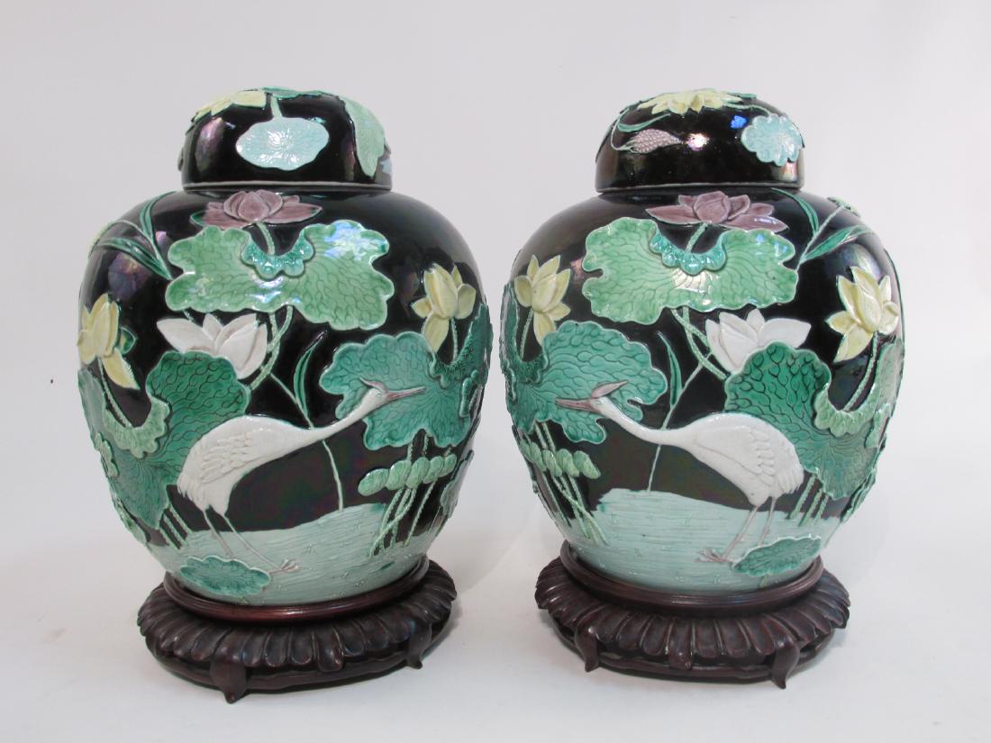 PAIR CHINESE QING DYNASTY RELIEF POTTERY GINGER JA (1 of 8)