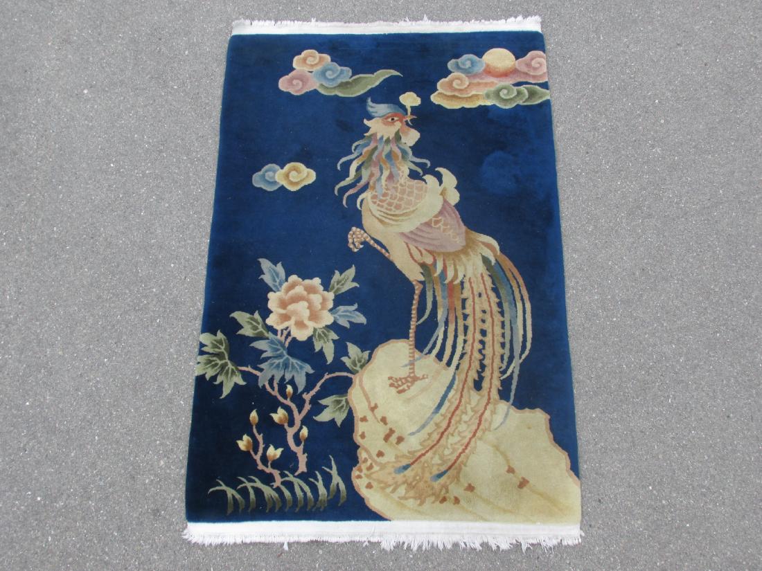 CHINESE ART DECO WOOL RUG 4' X 6': Chinese art deco wool rug, hand knotted wool and cotton. Measures 4' x 6'. Rooster pattern. Condition: wear and minor discoloration, see images. Weight: approx. 20 lbs.