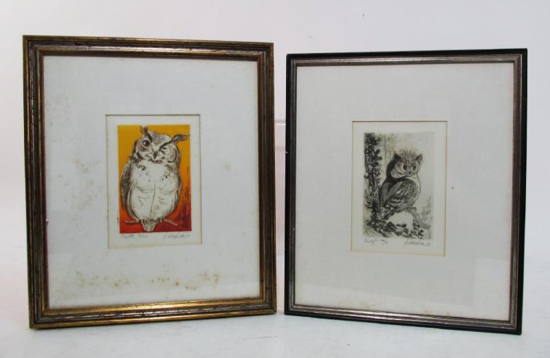TWO WILLIAM KOLLIKER FRAMED OWL ETCHINGS (1 of 5)