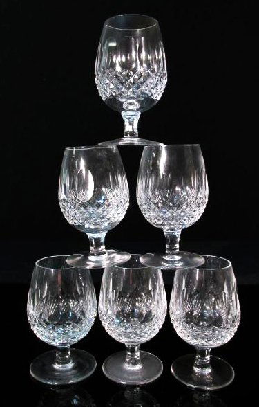 SIX WATERFORD "COLLEEN" CUT CRYSTAL BRANDY GLASSES: Lot of six Waterford "Colleen" pattern cut crystal brandy glasses. Each one measures 4.5" tall and has acid etched mark on foot. Condition: good, no chips or cracks, see images. Weight: 3.6 lbs.