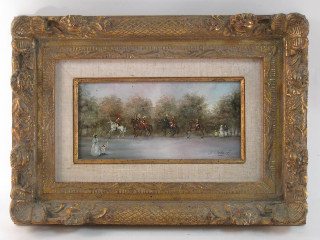 A. MONTESINOF OIL ON PANEL PAINTING: CAVALRY DEPAR: A. Montesinof oil on panel painting depicting the departing of the cavalry. Signed lower right what appears to read "A. Montesinof". Frame measures a total of 14.5" tall x 20.5" wide. Condition: good,