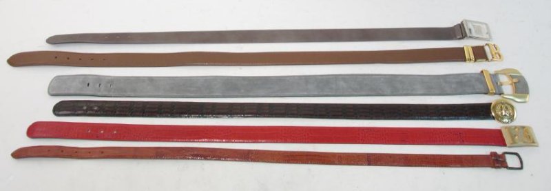 SIX LADIES DESIGNER BELTS: BURBERRY, ESCADA, LAURE: Lot of six ladies designer belts. Includes a Burberry size 90/36, Escada size 42, Escada size 42, Escada size 42, Escada size 42, Ralph Lauren size 32. Condition: good, may show minor signs of normal