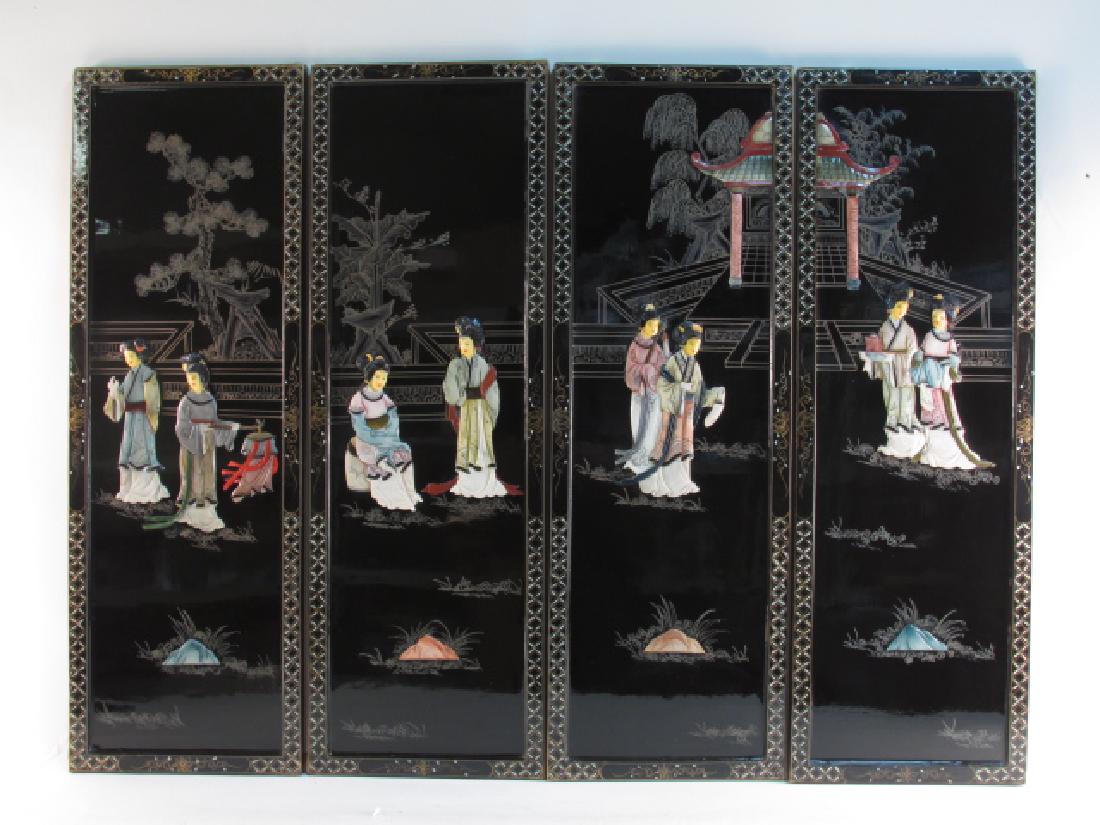 FOUR CHINESE BLACK LACQUER & STONE WALL PANELS (1 of 7)