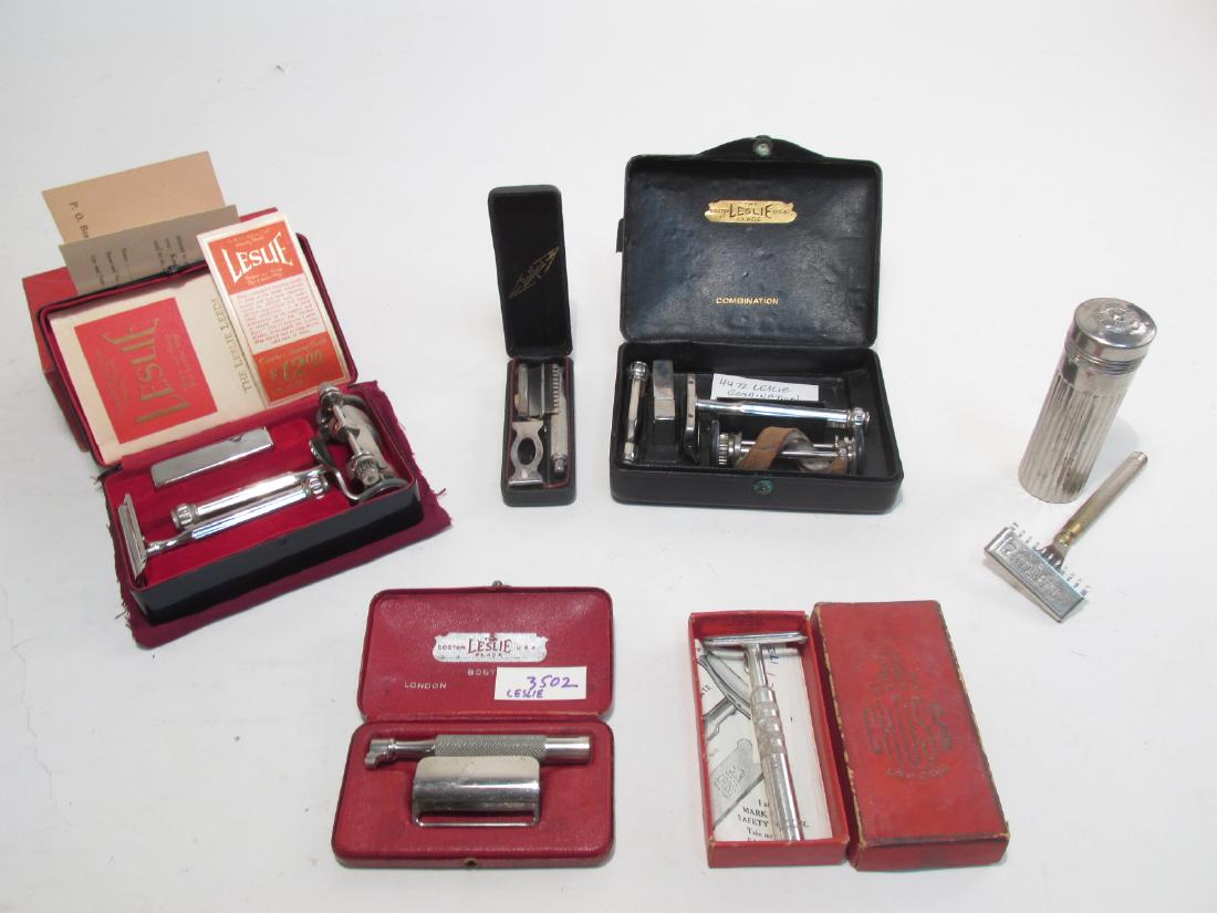 SIX VINTAGE SAFETY RAZORS: LESLIE, CROSS, BEDFORD: Lot of six vintage collectable safety razors. Includes (3) Leslie, Cross, Bedford, Larkin. Condition: all are in boxes/cases, generally good condition, normal signs of age, see images. Weight: 2.5 lbs