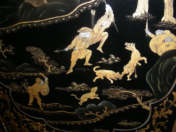 CHINESE LACQUERED GILT DECORATED 4 PANEL SCREEN - 7
