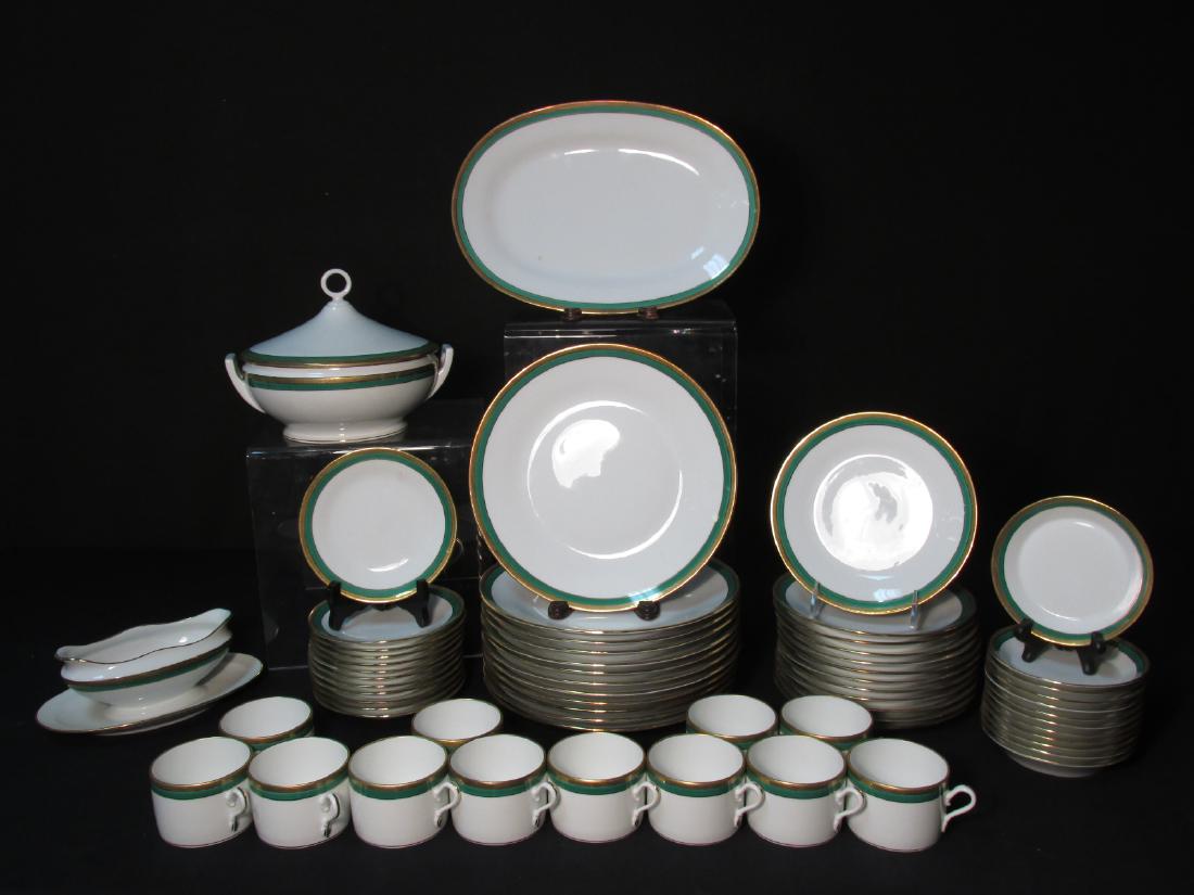 RICHARD GINORI "PALERMO GREEN" SERVICE FOR 12 -63p: Richard Ginori "Palermo Green" porcelain dinnerware service for 12. Includes 12 of each: 7.75" plates, 10.25" plates, 6.25" plates, 5.25" saucers, and cups. Also includes a 9.75" wide lidded tureen, 9