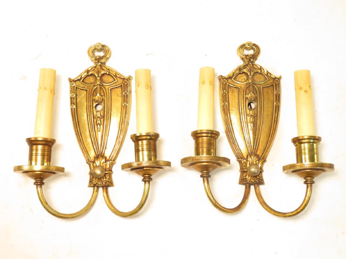 PAIR GILT BRONZE DOUBLE LIGHT WALL SCONCES (1 of 7)