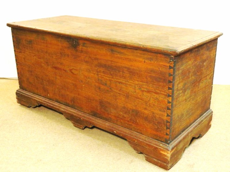 ANTIQUE PINE BLANKET CHEST: Antique pine blanket chest measuring 22.75" tall x 48" wide and 20" deep. Condition: stripped finish has remnants of blue paint, back board is still blue, see images. Weight: approx. 80 lbs.