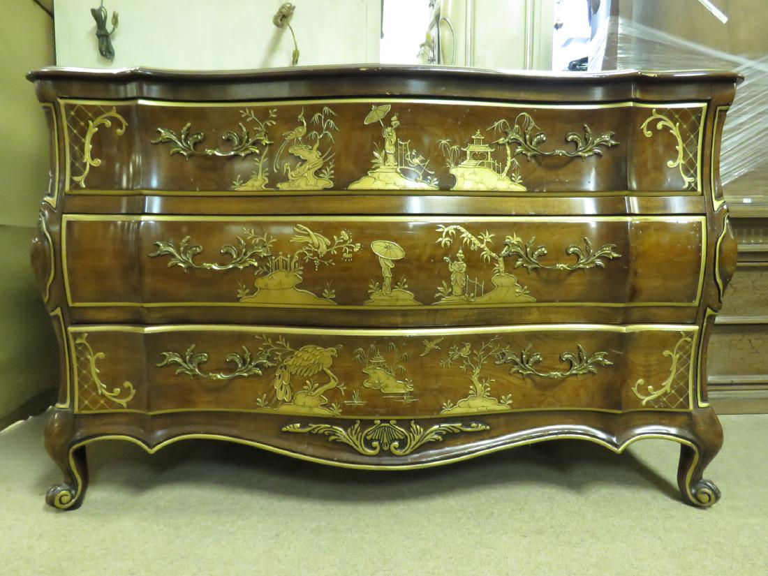 WHITE FURNITURE COMPANY CHINOISERIE CHEST: White Furniture company chinoiserie style three drawer chest. Measures 33" tall x 52" wide x 21" deep. Marked with maker inside drawer. Condition: minor signs of normal use, may be some wear to finish