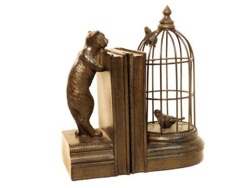 TWO FAUX BRONZE BOOKENDS: CAT & BIRDCAGE (1 of 7)