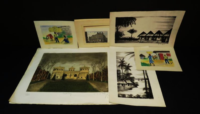 SIX UNFRAMED WORKS OF ART: PAINTINGS, ENGRAVING (1 of 14)