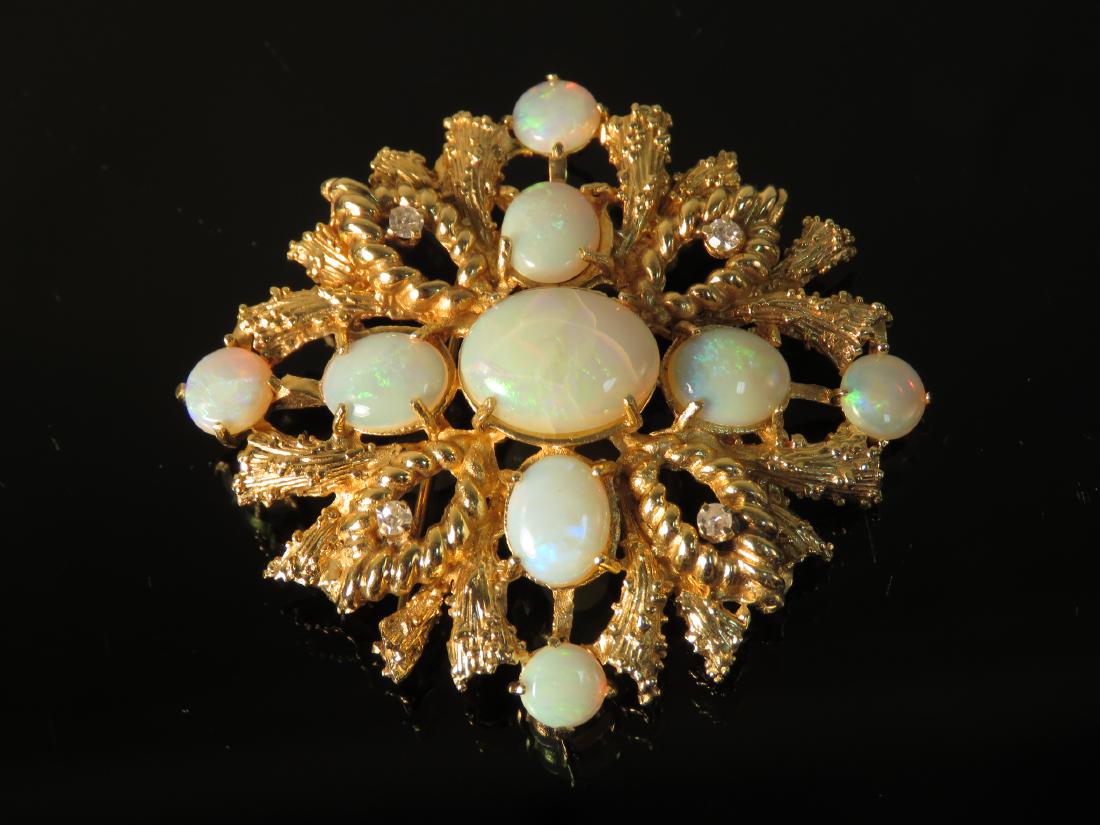 LADIES 10K YELLOW GOLD OPAL & DIAMOND BROOCH 25.7G (1 of 3)