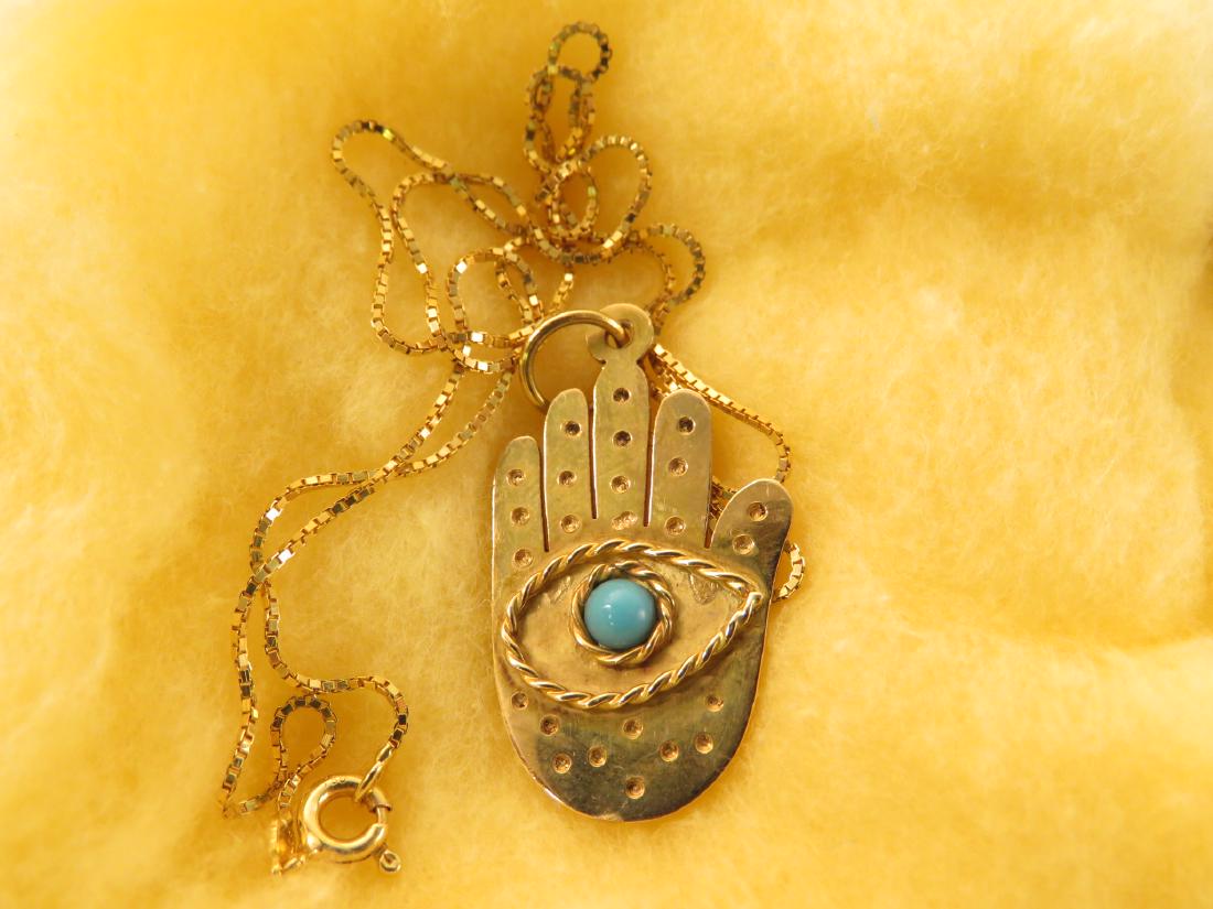 18K YELLOW GOLD & TURQUOISE HAMSA PENDANT & CHAIN (1 of 2)