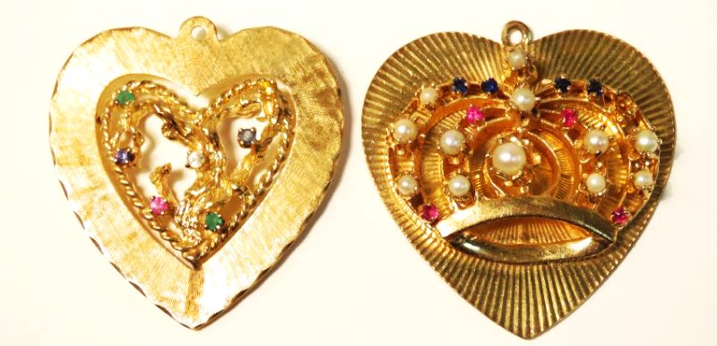 TWO 14K YELLOW GOLD & GEMSTONE HEART PENDANTS (1 of 6)
