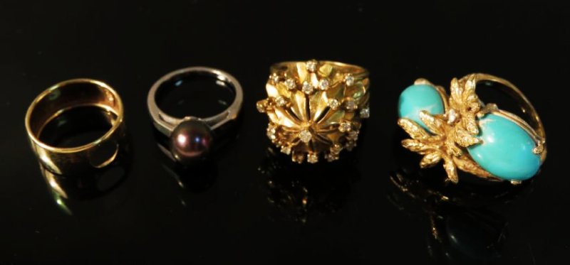 FOUR 14K GOLD RINGS: TURQUOISE DIAMOND, PEARL 26+g (1 of 9)