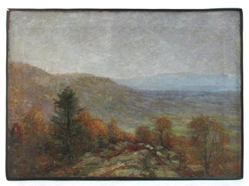 HENRY HAMMOND AHL OIL ON CANVAS LANDSCAPE PAINTING: Henry Hammond Ahl oil on canvas landscape painting depicting rolling hills. Signed "H.H. Ahl" lower left. Condition: minor craquelure to oils, could use cleaning, see images. Measures 16" x 22" wide.