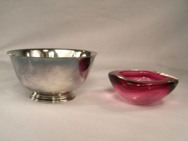 WM A ROGERS SILVER PLATED BOWL AND CRANBERRY BOWL: Reproduction Paul Revere pedestal bowl Measures 3"H x 6" D. Small cranberry bowl measures 2"H x 4"W. Both in very good condition.