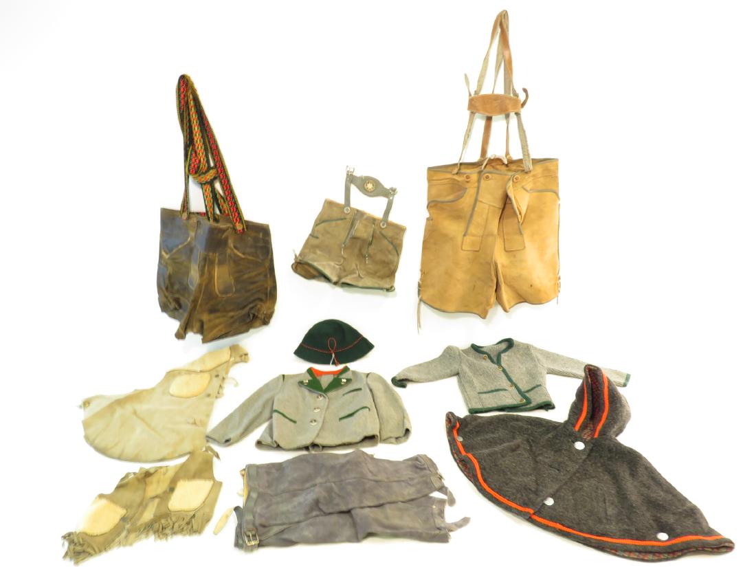 10 PCS. VINTAGE GERMAN BAVARIAN CLOTHING: 10 Pcs. Vintage German / Bavarian Clothing: lederhosen, hats, sweaters, etc. Condition: used, couple missing buttons, see pictures. Combined Shipping Weight approx: 12lbs