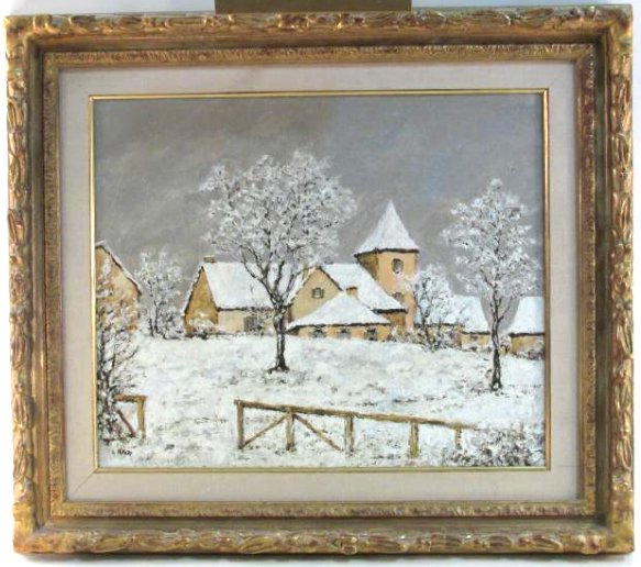 LOUIS PEYRAT OIL ON CANVAS PAINTING: SNOWY FARMHOU: Louis Peyrat framed oil on canvas painting depicting a snowy farmhouse scene. Signed lower left and framed in a gold tone frame with accent lighting. Condition: frame/matting may show minor signs of n