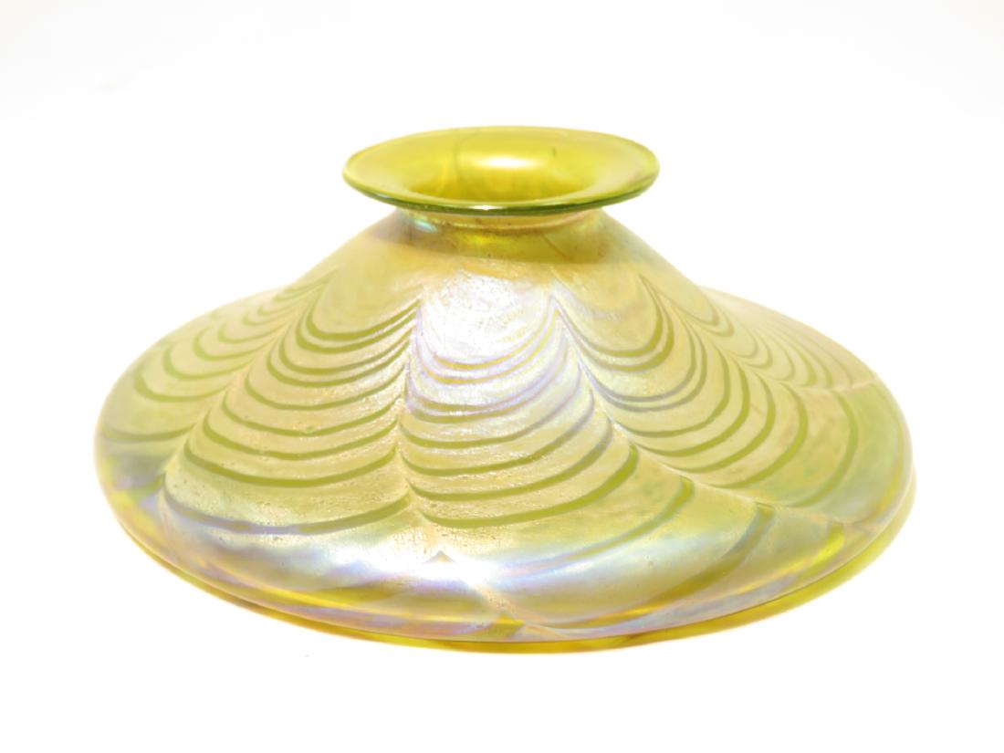 FAVRILE ART GLASS VASE: An iridescent art vase with the crossed arrows in circle engraved mark on base. Iridescent pulled finish. (Etched mark in the manner of Loetz, but believed not to be original Loetz) Condition: good, n