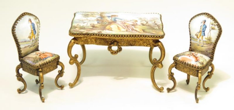 ANTIQUE VIENNESE MINIATURE ENAMEL TABLE & CHAIRS (1 of 7)