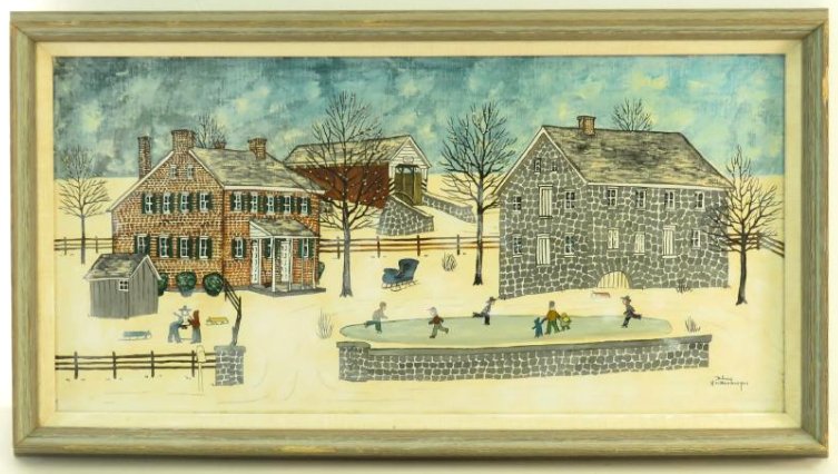 DOLORES HACKENBERGER OIL ON CANVAS NAIVE PAINTING: Dolores Hackenberger oil on canvas naive or amish folk art style painting titled "London Vale Rd, Salt Box & Kissing Bridge", frame measures 26.5" tall x 14.5" tall. Signed lower right. Condition: goo