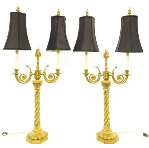 PAIR HEAVY GOLD TONE METAL TORCHIERE STYLE LAMPS (1 of 7)