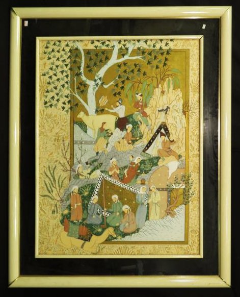 LARGE FRAMED PERSIAN PAINTING ON SILK (1 of 8)